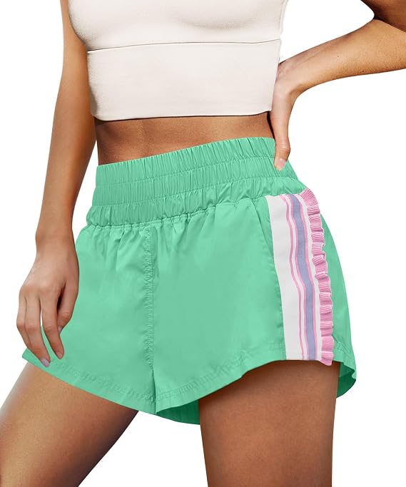 LAMISSCHE Womens Running Shorts Athletic High Waisted Biker Shorts | Workout Shorts, high waisted, Striped Ruffle Hem, Time Out Shorts, Yoga Gym Short With Pockets