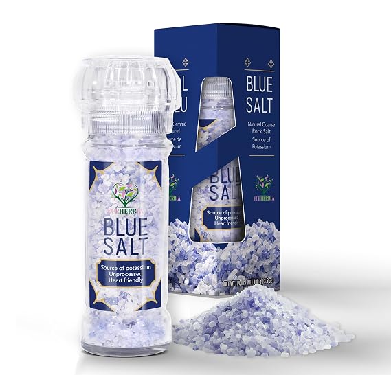 EUPHERBIA Blue Salt Coarse with Grinder, Rare Mineral Low Sodium Salt, 100g