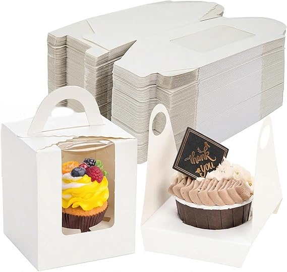 Jucoan 100 Pack Individual Single Cupcake Box with Insert, Window & Handle