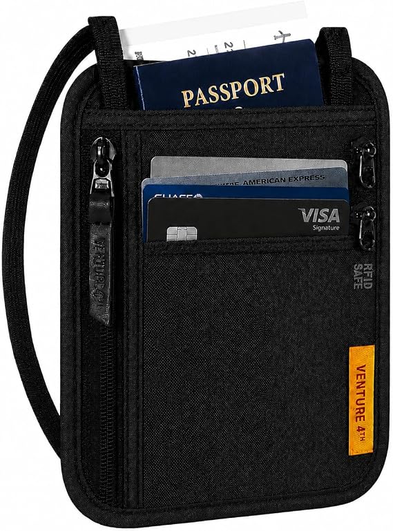 VENTURE 4TH Slim Neck Wallet, RFID Blocking Passport Holder - Black | Breathable mesh backing, YKK zippers. 3 compartments for passport, cards, cash & phone. Adjustable strap. Water-resistant.