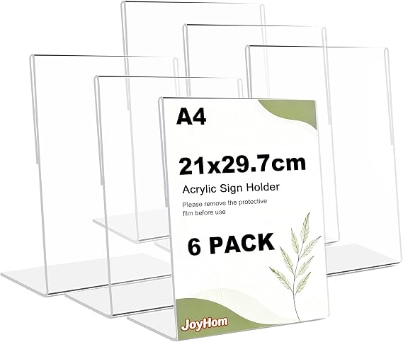 A4 Acrylic Sign Holder, 6 PACK L-Shape A4 Perspex Menu Display Stand for Poster, Menu Holders for Tables，Office Store Restaurant