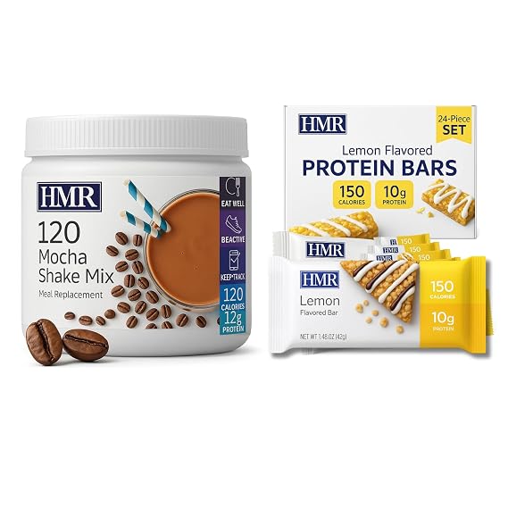 HMR 120 Mocha Shake Meal Replacement Powder (12 Servings) with Lemon Protein Bar (24 Count)