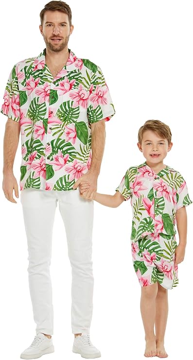 Matching Father Son Hawaiian Luau Outfit Men Shirt Boy Shirt Shorts Wispy Cereus
