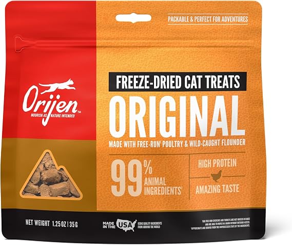 ORIJEN Freeze Dried Cat Treats Grain Free Original, 1.25oz Bag | 99% Animal Ingredients, Freeze Dried, Grain Free, High Protein, Wild-Caught Fish, Free-Run Poultry, 1 Calorie Each