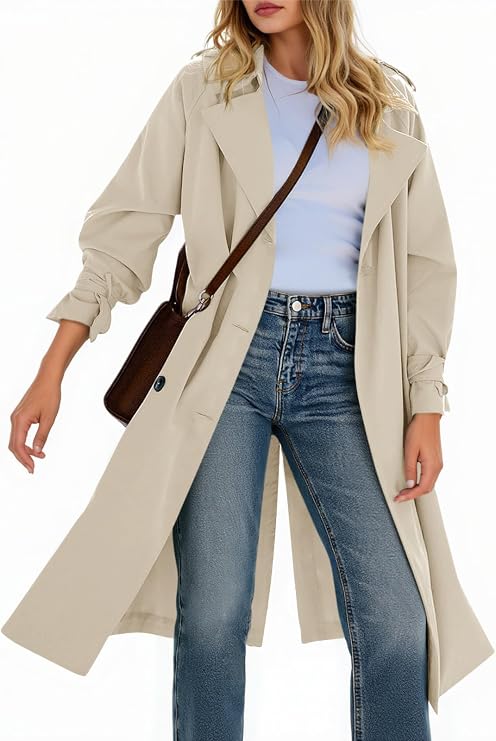 Tankaneo Womens Long Trench Coat Double Breasted Notch Lapel Overcoat