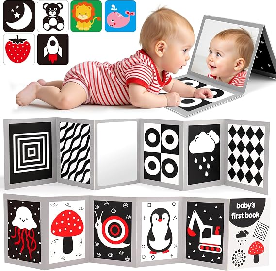 Black and White High Contrast Baby Books Flash Cards Tummy Time Mirror Toys Newborn Toys 0 6 Months Brain Development Infant Stimulating Sensory Toy 0-3 3-6 2 4 5 Months Old Baby Shower Easter Gifts