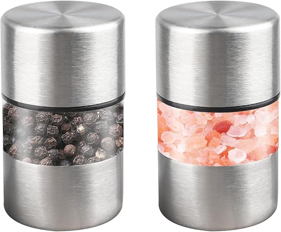 Mini Salt and Pepper Grinder Set Manual Mill Salt Shakers Travel Spice Mill | Refillable with Ceramic Core Stainless Steel Shatterproof Acrylic Black Pepper Grinder for Camping Home Kitchen BBQ Outdoor