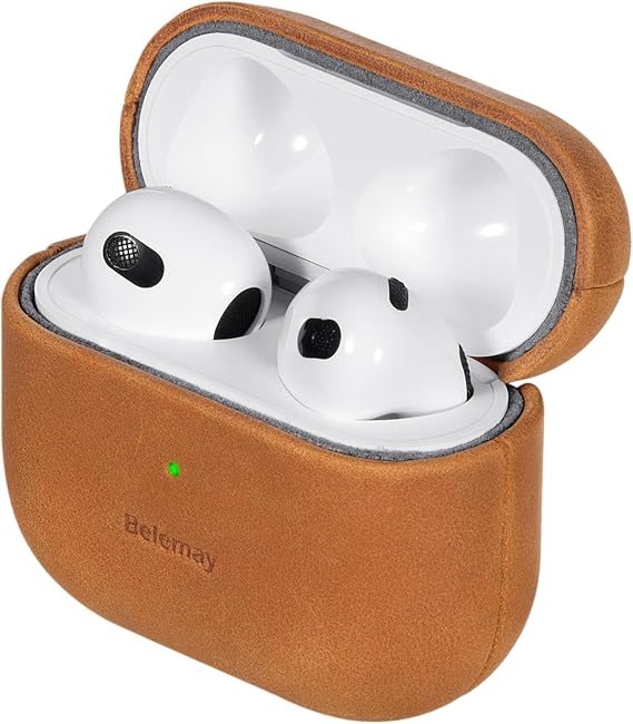 Belemay Handcrafted Crazy Horse Leather Case for AirPods 3, Sunset Tan