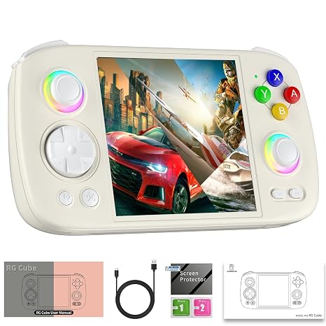 RG Cube Retro Game Console Handheld Game Console No Card Multi-Touch Screen Android 13 System Video Game Console with 5200mAh Battery,High-Speed Fan,16 Million Color Rgb Lighting(Beige White)