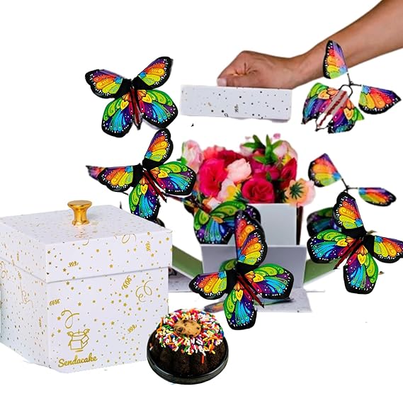 Celebration Explosion Cake Box by Send A Cake Ready-to-Gift Surprise with Customizable Add-Ons, Flying Butterflies, Flower Shower & 3" Mini Bundt Cake Unique Birthday Gift for Women & Men