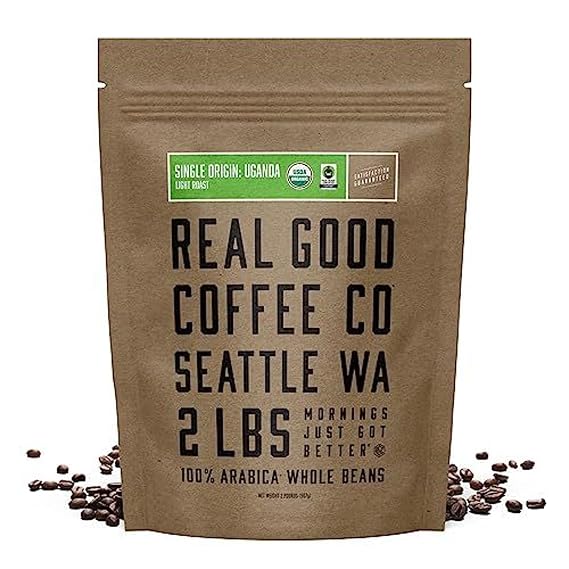 Real Good Coffee Company Uganda Coffee Beans - Light Roast Whole Beans with Low-Acid Roast - Espresso & Cold Brew Coffee Ready - 2 lb