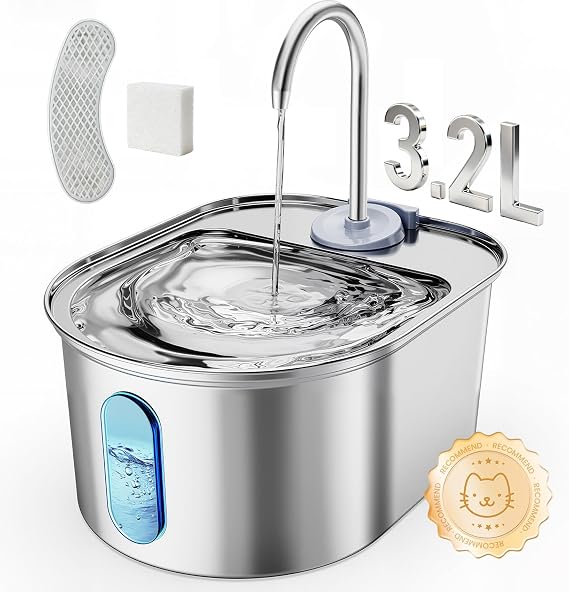 Stainless Steel Cat Water Fountain, 108oz/3.2L with 1 Filter