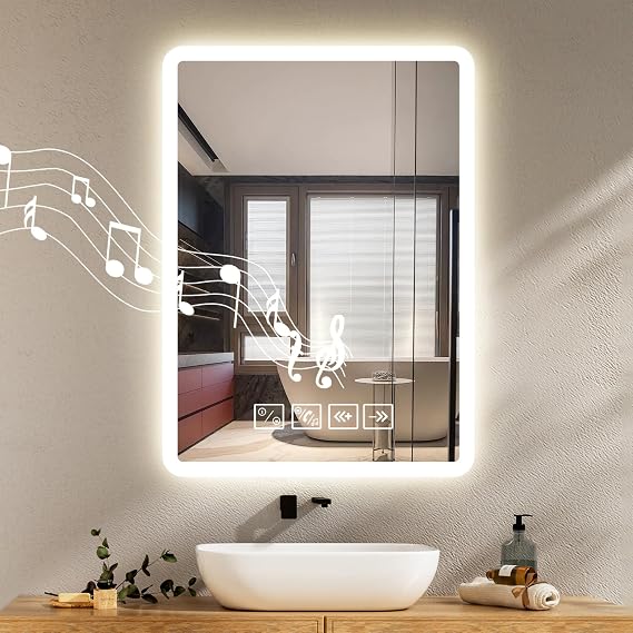 Bluetooth Bathroom Mirror with LED Lights 50x70cm,Light Up Bathroom Mirror with Anti-fog,Wall Mounted LED Mirrors with Touch Switch,3