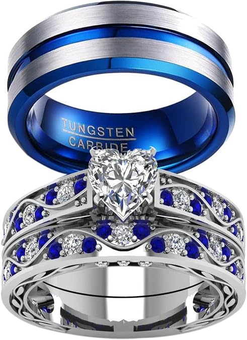 Couple Ring Bridal Sets His Hers Women 10k White Gold Filled Men Tungsten Carbide Wedding Engagement Ring Band