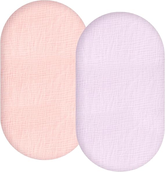 Synrroe 2 Pack Muslin Bassinet Fitted Sheets - 100% Cotton, Fits Oval/Rectangle/Hourglass Bassinet Mattresses, Pink & Purple, Soft Breathable Newborn Baby Bassinet Sheets
