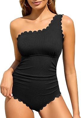 Summer Mae One Shoulder Womens One Piece Swimsuit Ribbed Scalloped Swim Suits Slimming Full Coverage Modest Bathing Suit