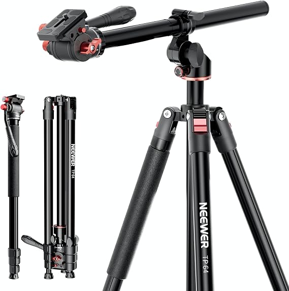NEEWER Overhead Horizontal Camera Tripod Monopod with Fluid Head & Flexible Center Column, 90 Inch Tall Metal DSLR Video Travel Stand, Arca Type QR Plate & Inverted Legs, Max Load 13.2 lbs, TP64