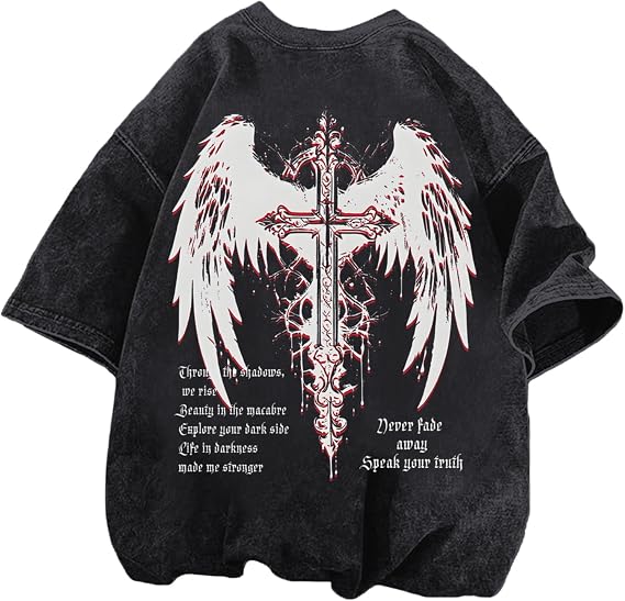 Vintage Goth Punk Shirts for Men Grunge Streetwear Oversized Tshirts Gothic Cross Y2k Graphic Tees Acid Wash T Shirt