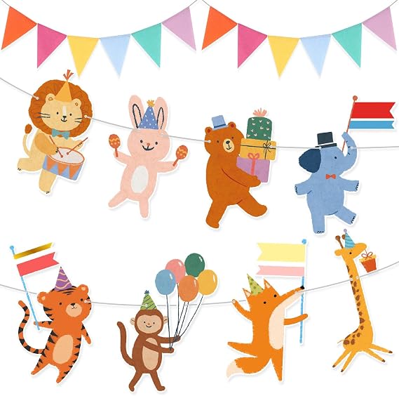DERTE 2 Pcs Animal Parade Party Banner Set Animals Flag