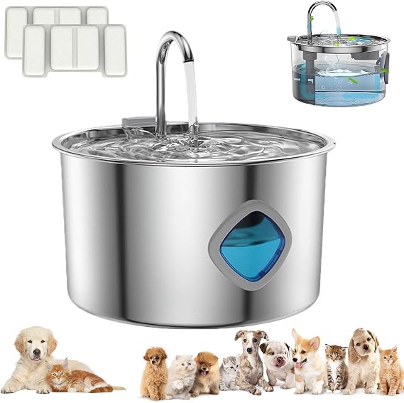 3.2L Pet Water Fountain - Stainless Steel Cat & Dog Water Dispenser with 4-Stage Filter | Ultra Quiet Pump (<25dB) | Encourages Hydration, Auto Sensor, Filtered Pet Water Dispenser