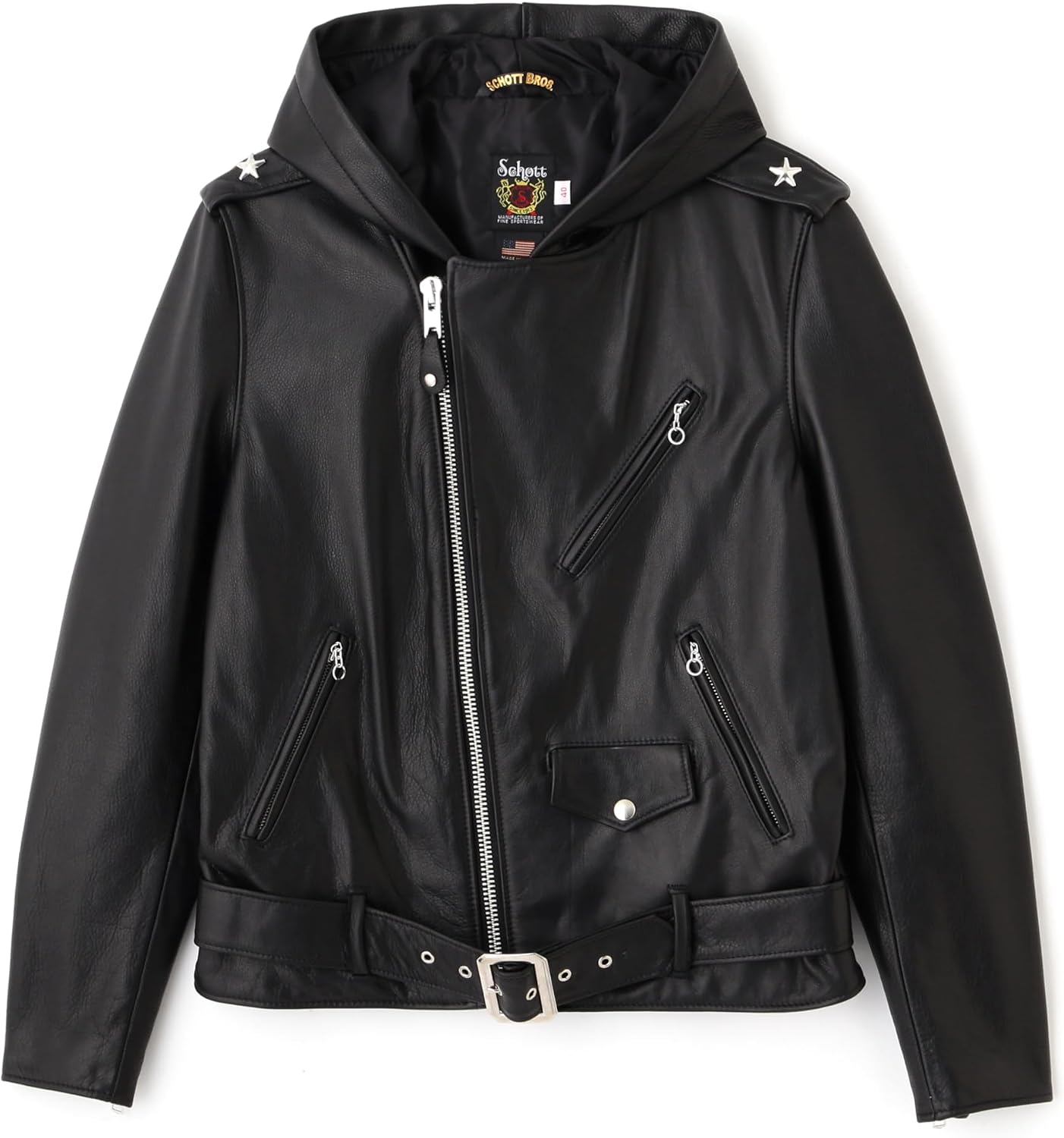 Schott NYC 3950106 503HDT HOODED ONESTAR Hood One Star Leather Jacket 010BLACK Made in USA