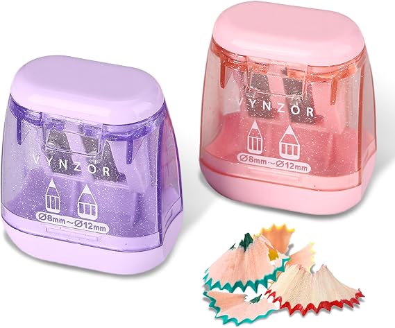 2 Pack Rectangle Pencil Sharpener with Container, Dual Hole 8mm & 12mm | Handheld sharpeners for kids, adults, school, home and office in pink & purple rectangular design