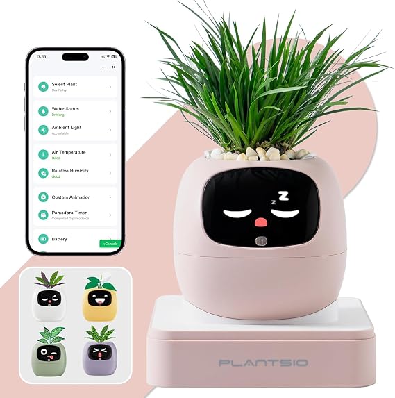 Smart Planter with App Control, Self-Watering AI Plant Pot with LCD Display, Desk Plant Flower Pot Companion for 50+ Plants Pet Planter with Pomodoro Timer,80ml Reservoir,Calendar (Pink)
