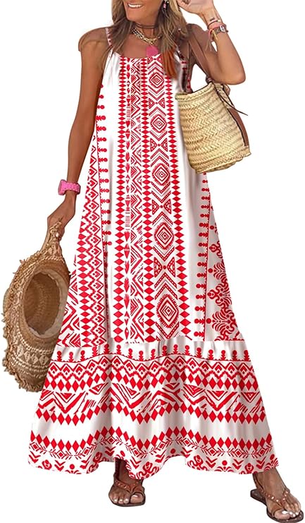 Dokotoo Women Summer Dresses Scoop Neck Ruffle Flowy Boho Maxi Dress | Spaghetti Strap Sundresses,Sleeveless,Beach Vacation Clothes,Ruffle A Line,Casual Boho Printed,Hawaiian Dresses,Wedding Guest