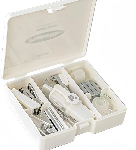8 Piece Mini Office Stationery Kit - Includes Storage Case, Perfect for Portable, Efficient Work and Study for Students, Teachers, Office Workers, White