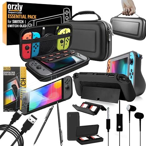 Orzly Switch 1 / Switch OLED Accessories Bundle Case & Screen Protector for Nintendo Switch 1 (2017-2024 Console) Charge Cable, Game Holder, Comfort Grip Case, Headphones & More Gift Box Edition