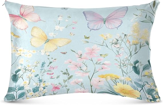 Butterfly Floral Lightblue Pillowcase for Hair and Skin Body Plush Pillow Case Queen Size 20"X 30" Pillowcase Covers with Zipper for Sleeping