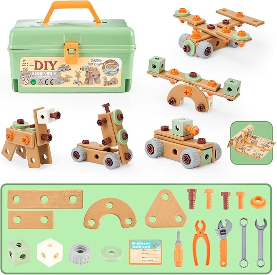 Kids Simulation Plastic Tool Set - Montessori Educational Toys for 3+ Year Olds, Pretend Play Construction Tool Kit with Storage Box, Learning Gift for Toddler Boys & Girls