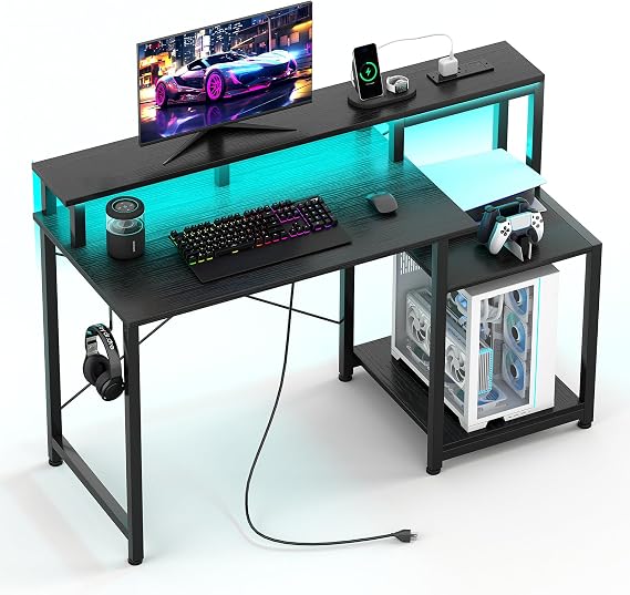 CAIYUH 48 Inch Gaming Desk, Computer Desk with Power Outlets & Adjustable LED, Teen Writing Study Table Home Office Desks for Small Space, Charging Station USB Port, Black