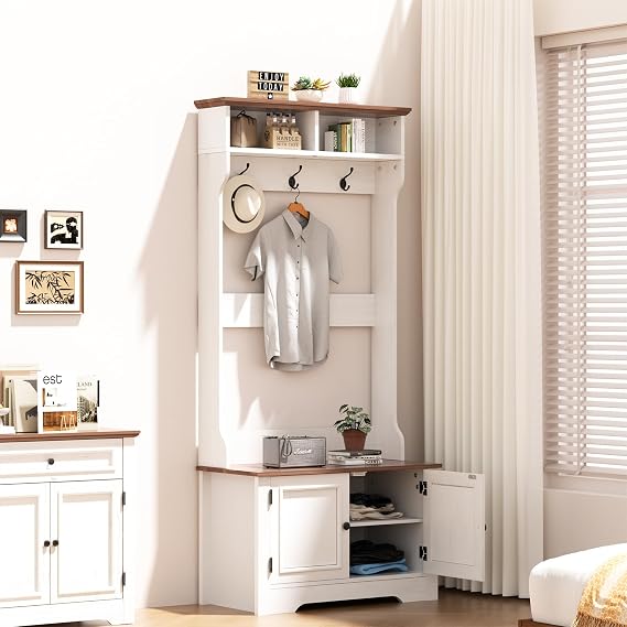 Hall Tree with Shoe Rack, 5-in-1 Farmhouse Coat Rack with Shoe Bench, Standing Shoe Storage with 3 Hooks for Front Door Entrance Mudroom Entryway Bedroom Hallway Living Room, White and Walnut