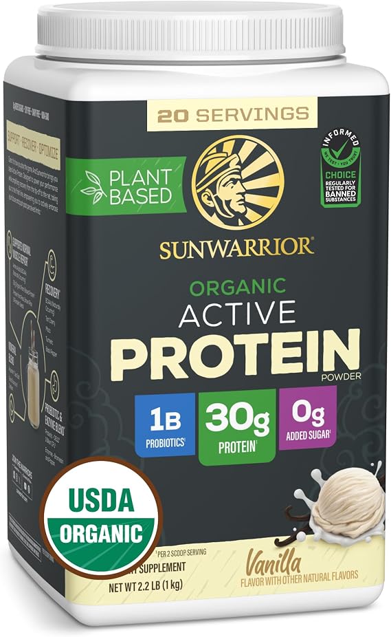 Sunwarrior Organic Plant Based Protein Powder | Vegan Organic Protein Powder with BCAA Amino Acids Plus Recovery Minerals & Botanicals | Non-GMO Soy Dairy & Gluten Free Vanilla, 20 Servings