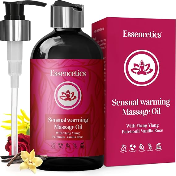 Massage Oil for Couples 8 oz - Organic Body Massage Oil for Date Night with Ylang Ylang, Patchouli & Vanilla Rose - Relaxing Massage Therapy for Unforgettable Moments