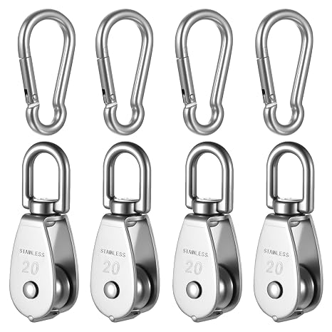 4 Pcs M20 Stainless Steel Pulley Blocks for Garage Canopy Lifting | 360° Swivel Lifting Pulley Wheel System, Load up to 75KG, with 4 Pcs M6 Spring Hooks