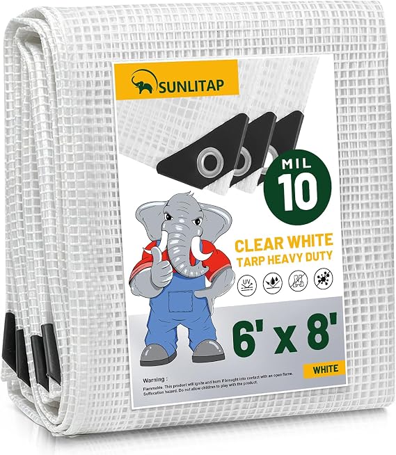 6 x 8 Ft Clear White Tarp 10 Mil Greenhouse Cover with Grommets