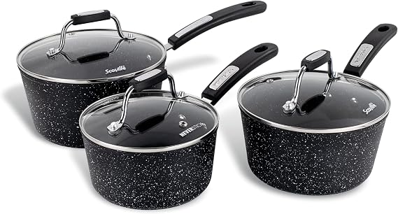 Scoville NEVERSTICK 3pcs Saucepan Set with Lids, Non Stick Saucepan Set, 16/18/20cm Saucepans, Suitable for All Hobs Including Induction, PFOA Free, Cool-Touch Handles, Aluminium, Black