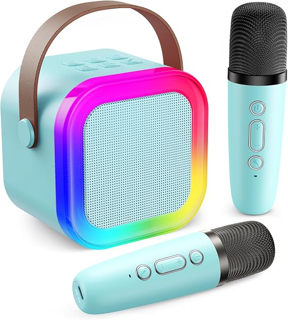Fede Karaoke Machine for Kids Adults, Mini Karaoke Machine with 2 Wireless Microphones, Portable Bluetooth Speaker with Voice Changing Effects & LED Lights, Best Gifts Toys for Girls and Boys
