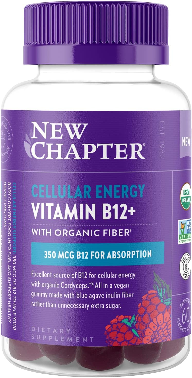 New Chapter® Organic Vitamin B12 Gummies – 47% Less Sugar§, USDA Organic Vegan B12, Two Daily Gummies for Cellular Energy Support with Cordyceps, Non-GMO, Gluten Free, Raspberry Flavored, 60ct