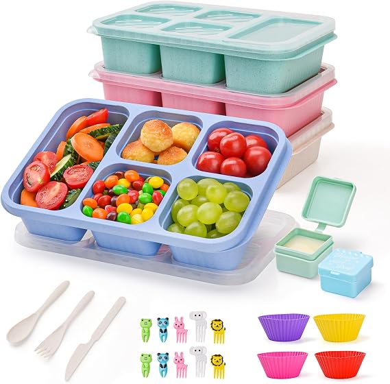 Pack of 4 Bento Snack Box with Compartments 5 Compartments Lunchable Snack Container Bento Lunch Box with Compartments for Children and Adults Meal Prep Lunch Container for School Work and Travel