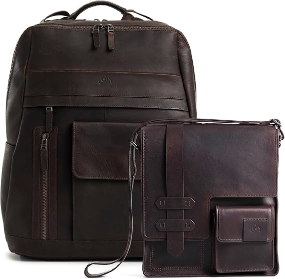 VELEZ Dark Brown Top Grain Leather Backpack Casual Daypack + Small Messenger Bag For Men
