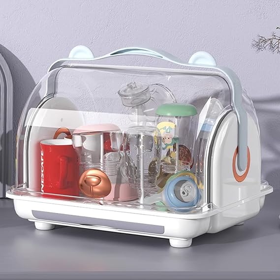 Baby Bottle Drying Rack with Cover Drain,Large Capacity Portable Anti-Dust Toddler Bottles Drying Rack,Kitchen Dish Storage Box for Home Kitchen,Grey, Gray