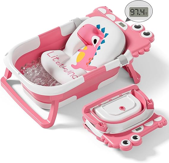 Collapsible Baby Bathtub for Newborn, Foldable Baby Bath Tub with Thermometer & Soft Floating Cushion & Drain Hole, Portable Travel Infant Bath Tubs for Newborns to Toddler 0-36 Months Girl, Pink
