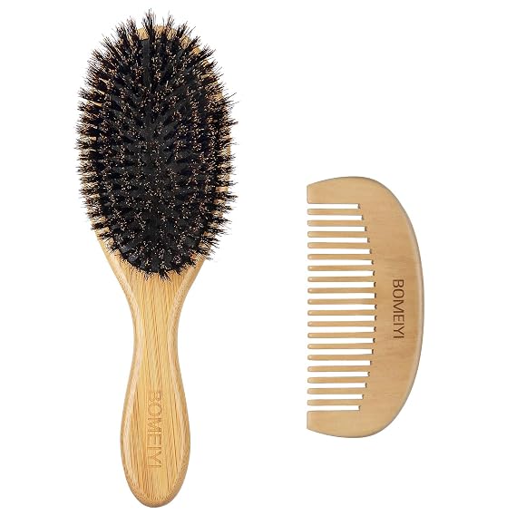 100% Boar Bristle Hair Brush Set (Medium). Soft Natural Bristles for Thin and Fine Hair. Restore Shine And Texture. Wooden Comb and Travel Bag Included.