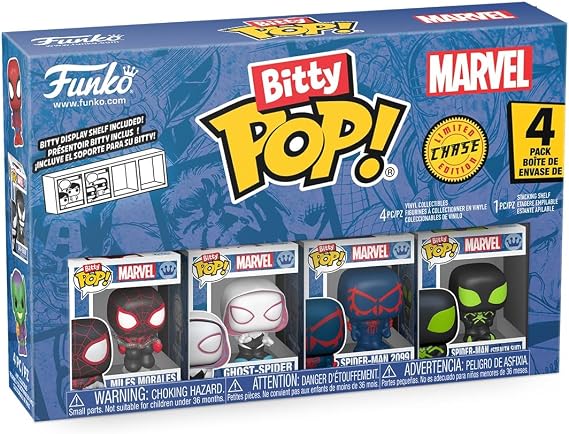 Funko Bitty POP! 4 Pack: Spider-Man - Miles Morales (1 in 6 Chase Chance) | Official Superheroes Merch - Tiny 0.9 inch Figures with Display Shelf - Cake Topper, Party Bag and Stocking Filler Gift