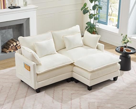 TUNYI Modular Sectional Sofa - 77.6" L Shaped Chenille Cloud Couch with Movable Ottoman,Sectional Deep Seat Sofa with Pillows/Side Pocket for Living Room (White)