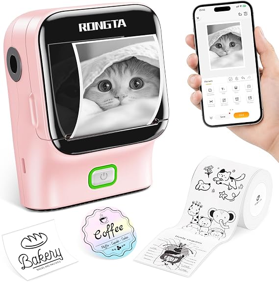 Rongta Mini Sticker Printer, Bluetooth Thermal Label Printer, Portable Inkless Label Maker Suitable for Creative Kids DIY, Diaries, Study Notes, Pink