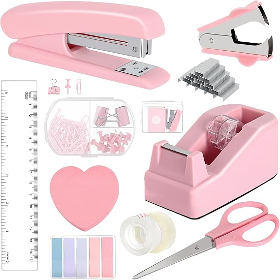 Office Supplies Set, Pink Stapler and Tape Dispenser Set with Staple Remover, Stapler and Staples Set with 1000 Staples, Clips, Tape, Scissor and Tabs, Desk Accessories for Student
